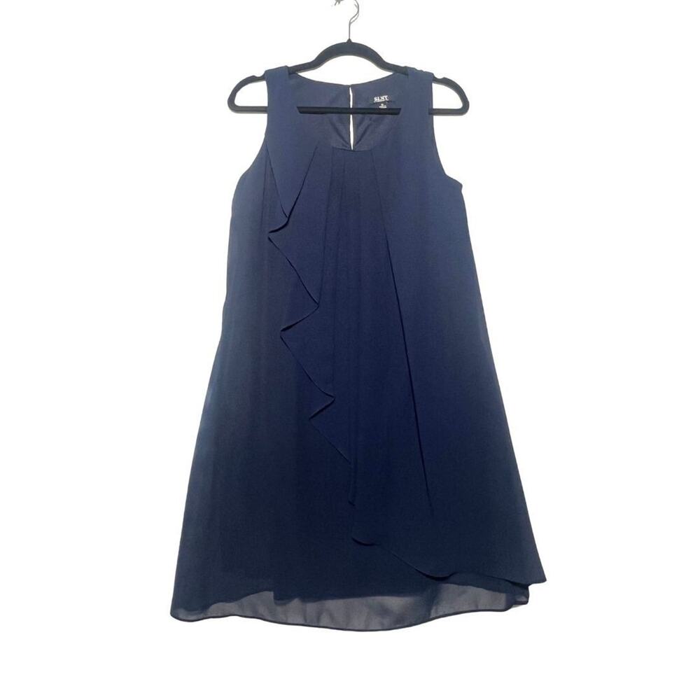 Women’s Navy Blue Tiered Chiffon Sleeveless Cocktail Dress Sz 10 SLNY Office